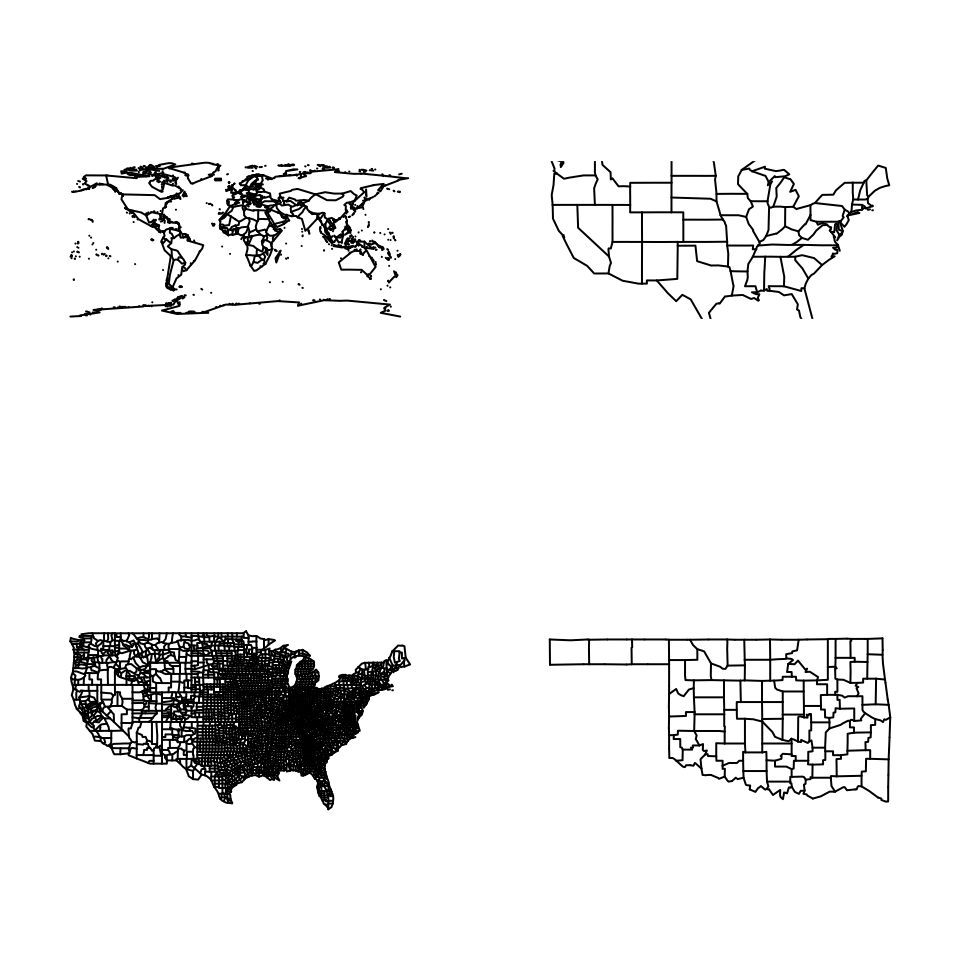 A world; a United States, lower-48 state map; a United States, lower-48 county map; and an Oklahoma state map with counties.