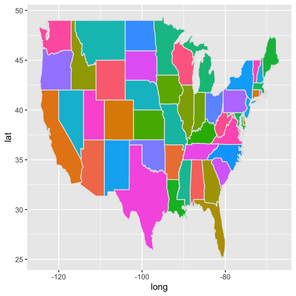 A basic ggplot map of the Lower 48 United States with brightly-colored states.