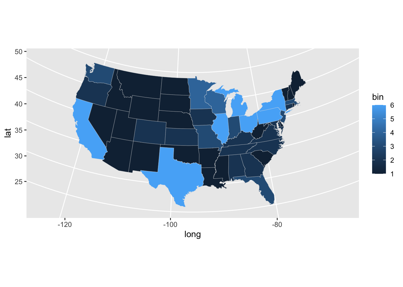 A basic ggplot map of the Lower 48 United States with states colored indicating the value of the variable Percent. States with the highest percents (around 6) include California, Texas, and most of the Great Lakes states.