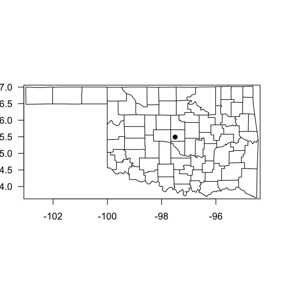 An Oklahoma State County map with a point plotted at the location of the Oklahoma State Capitol Building.