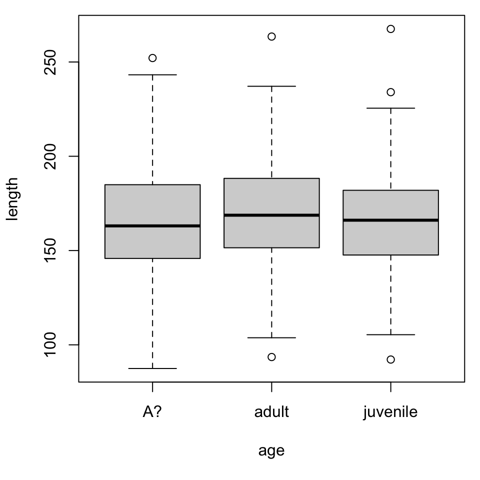 Median length is about 170 millimeters, independent of age, but the boxplot highlights a strange variable encoding.